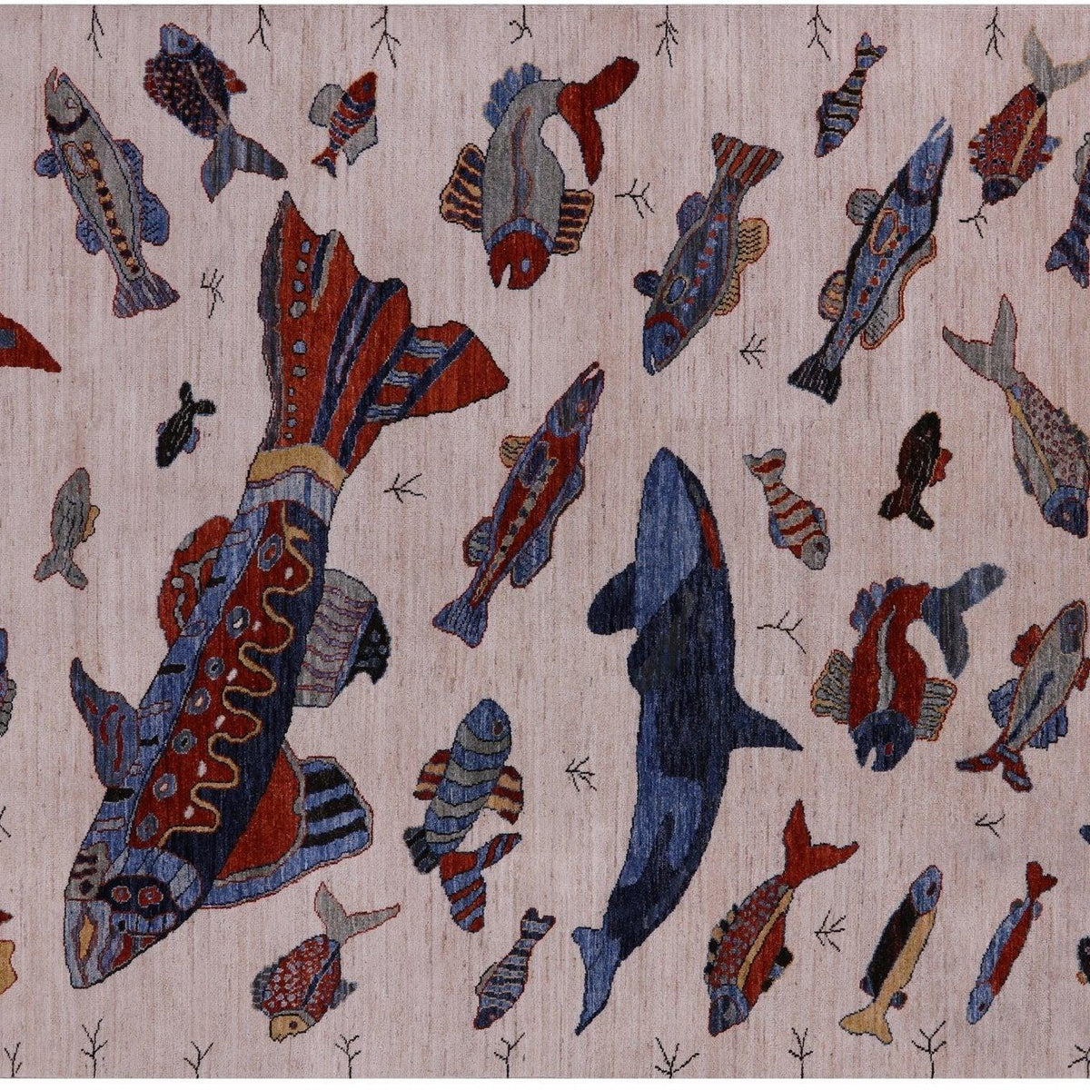 blue hand hooked wool rug blue fish 6' 0" X 8' 10" Gabbeh Fish Design Handmade Wool Rug – Manhattan Rugs