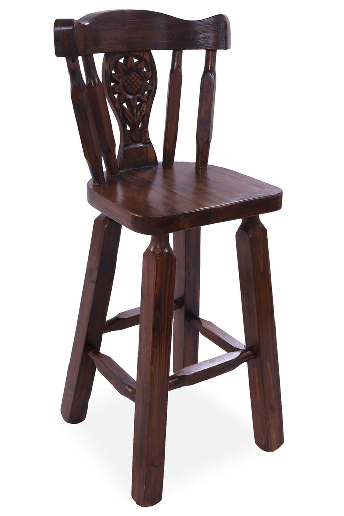 Reclaimed Wood Bar & Counter Stool - Handcarved Back Sunflower - BS113