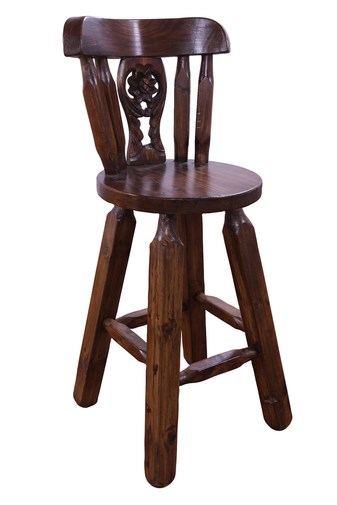 Reclaimed Wood Bar & Counter Stool - Handcarved Back Sunflower - BS222