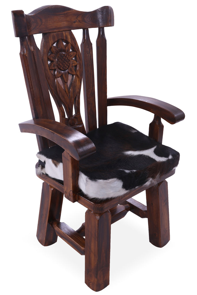 Reclaimed Wood Chair Handcarved Back Sunflower Removable Hair-On Cowhide Pillow - C161-CP