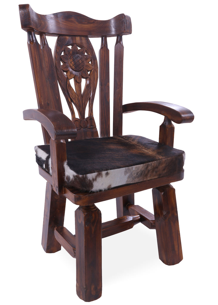 Reclaimed Wood Chair Handcarved Back Sunflower Removable Hair-On Cowhide Pillow - C163-CP