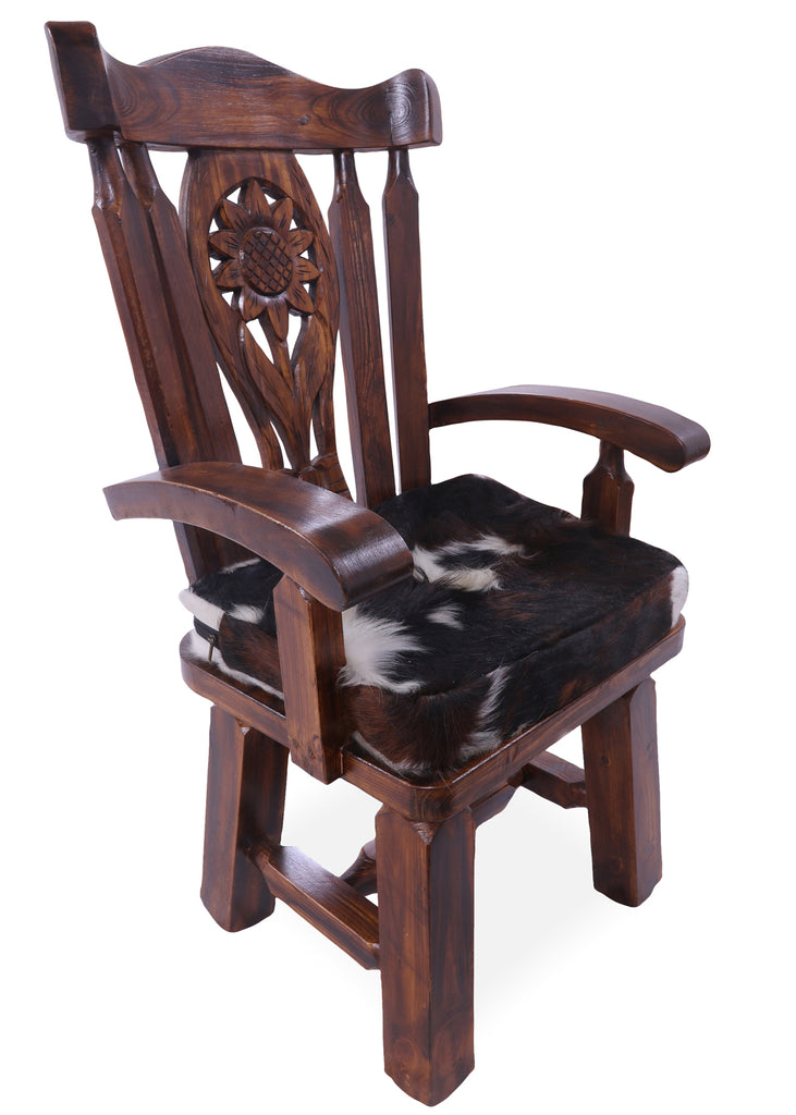 Reclaimed Wood Chair Handcarved Back Sunflower Removable Hair-On Cowhide Pillow - C165-CP