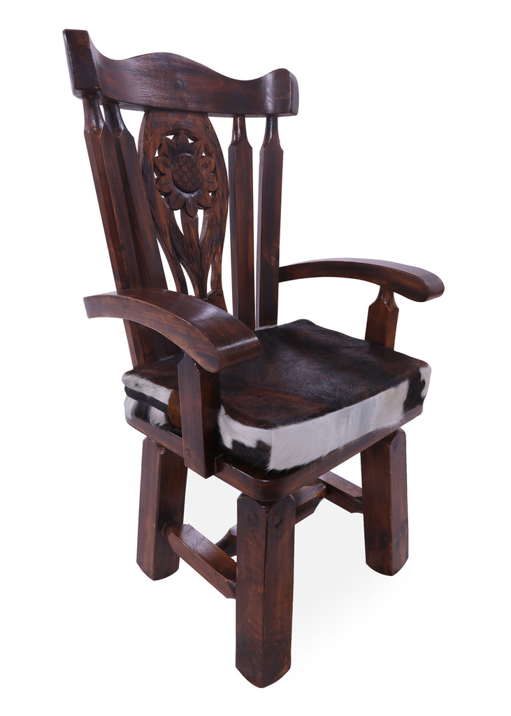 Reclaimed Wood Chair Handcarved Back Sunflower Removable Hair-On Cowhide Pillow - C166-CP