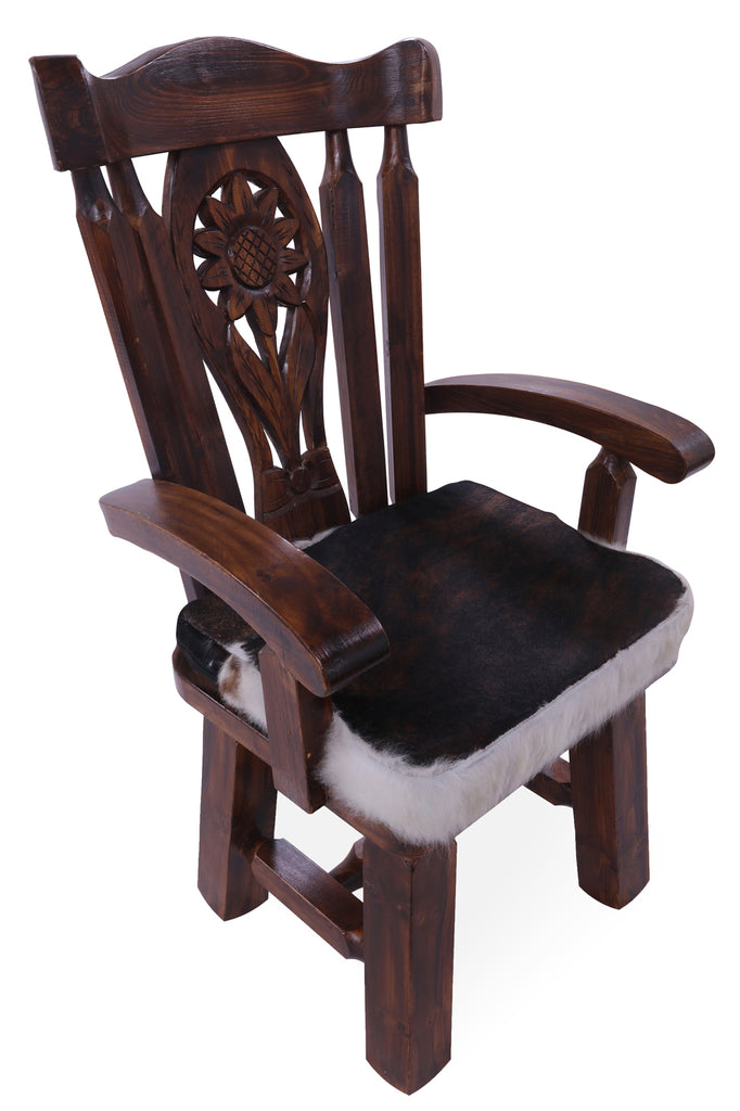 Reclaimed Wood Chair Handcarved Back Sunflower Removable Hair-On Cowhide Pillow - C168-CP