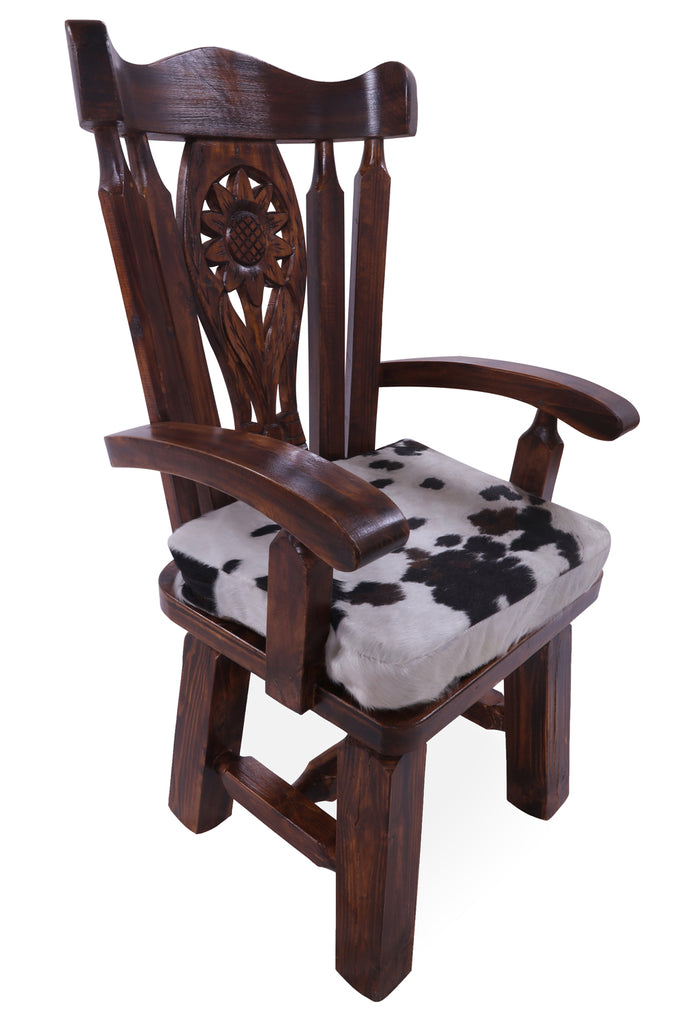 Reclaimed Wood Chair Handcarved Back Sunflower Removable Hair-On Cowhide Pillow - C169-CP