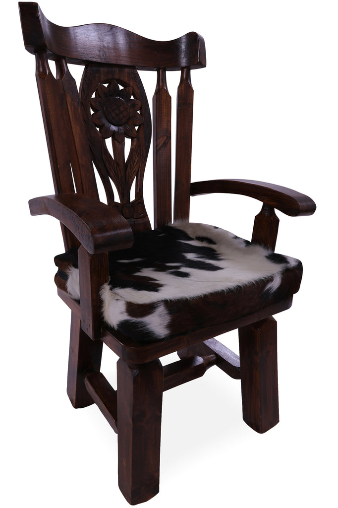 Reclaimed Wood Chair Handcarved Back Sunflower Removable Hair-On Cowhide Pillow - C172-CP