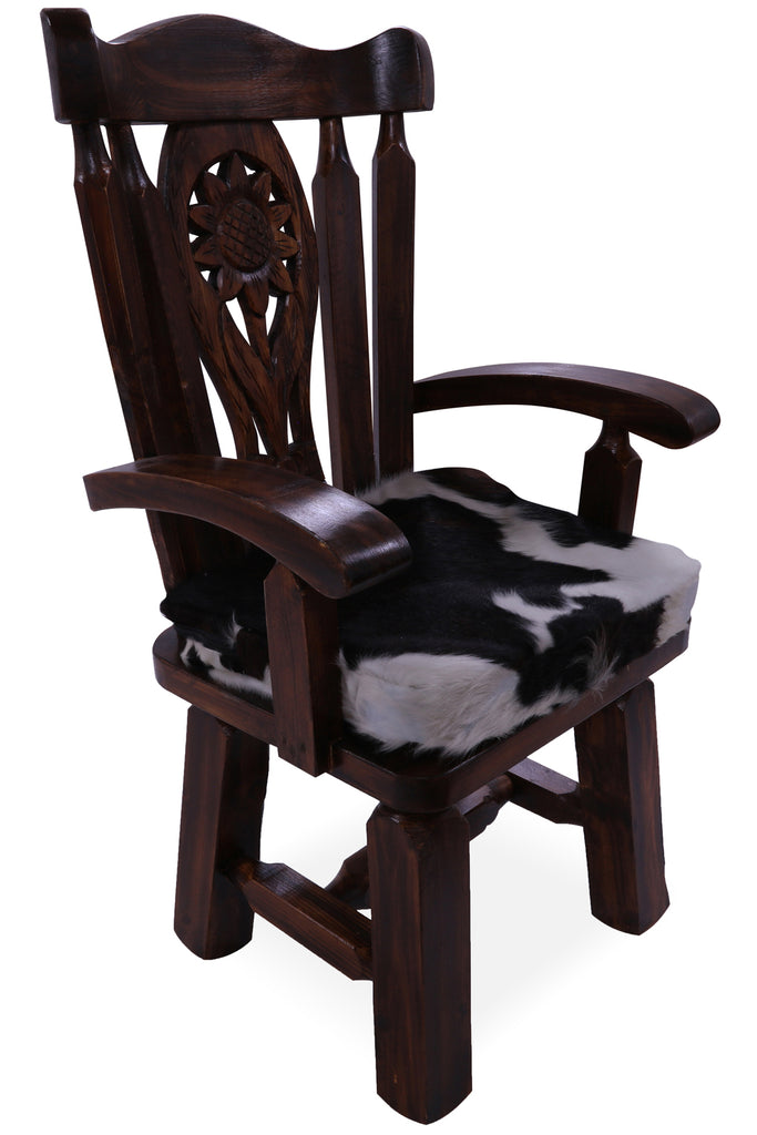 Reclaimed Wood Chair Handcarved Back Sunflower Removable Hair-On Cowhide Pillow - C173-CP