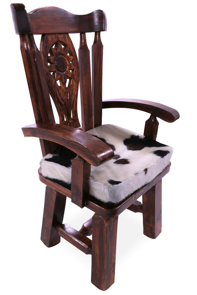 Reclaimed Wood Chair Handcarved Back Sunflower Removable Hair-On Cowhide Pillow - C174-CP