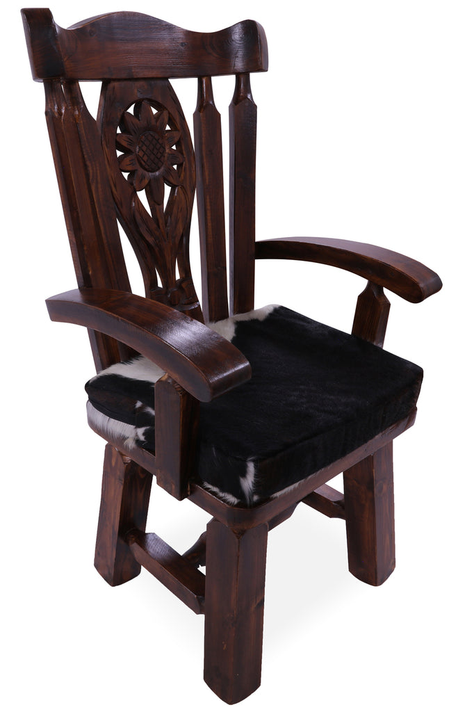 Reclaimed Wood Chair Handcarved Back Sunflower Removable Hair-On Cowhide Pillow - C175-CP