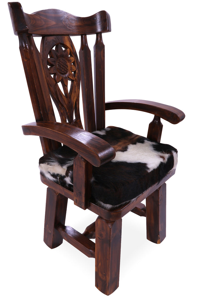 Reclaimed Wood Chair Handcarved Back Sunflower Removable Hair-On Cowhide Pillow - C176-CP