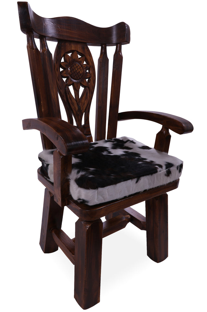 Reclaimed Wood Chair Handcarved Back Sunflower Removable Hair-On Cowhide Pillow - C177-CP