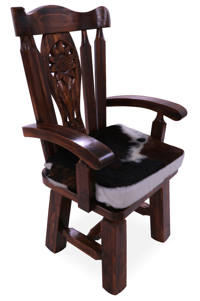 Reclaimed Wood Chair Handcarved Back Sunflower Removable Hair-On Cowhide Pillow - C178-CP