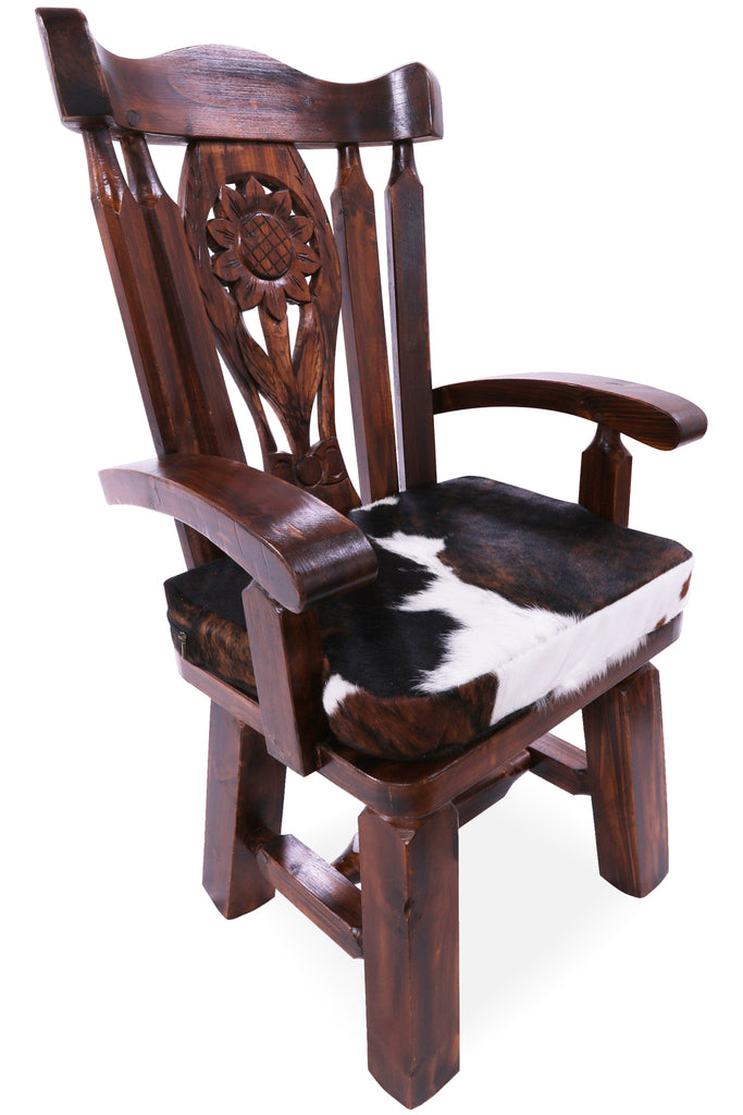 Reclaimed Wood Chair Handcarved Back Sunflower Removable Hair-On Cowhide Pillow - C179-CP