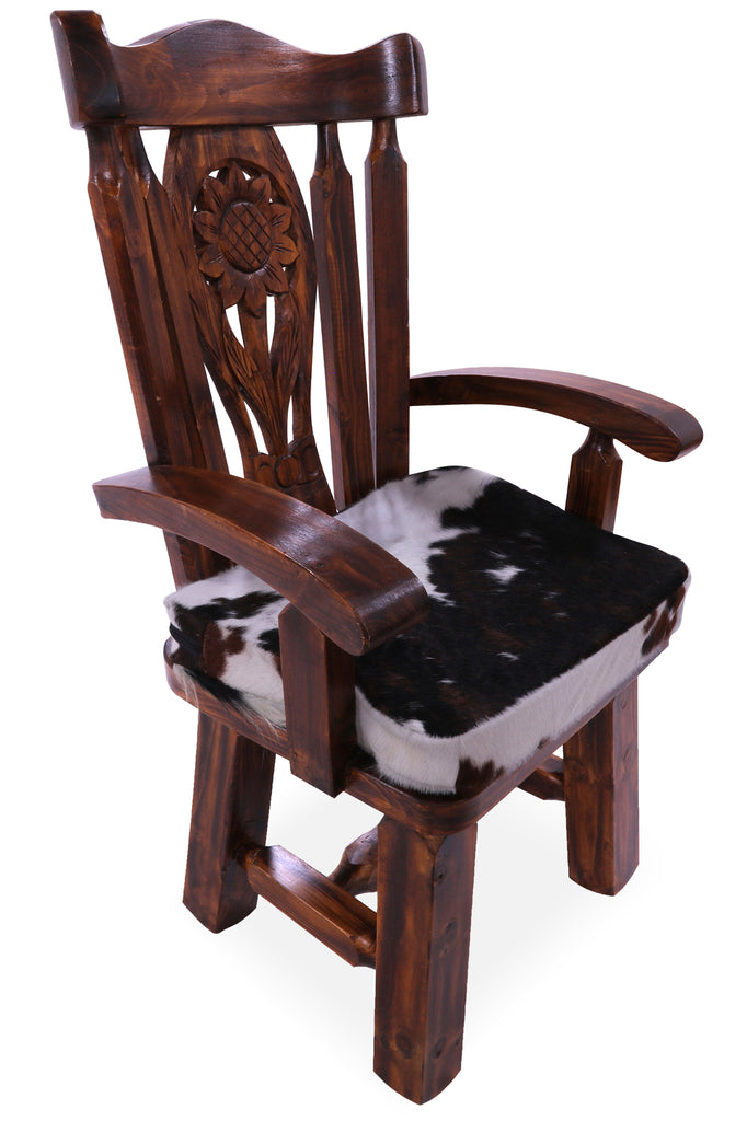 Reclaimed Wood Chair Handcarved Back Sunflower Removable Hair-On Cowhide Pillow - C180-CP