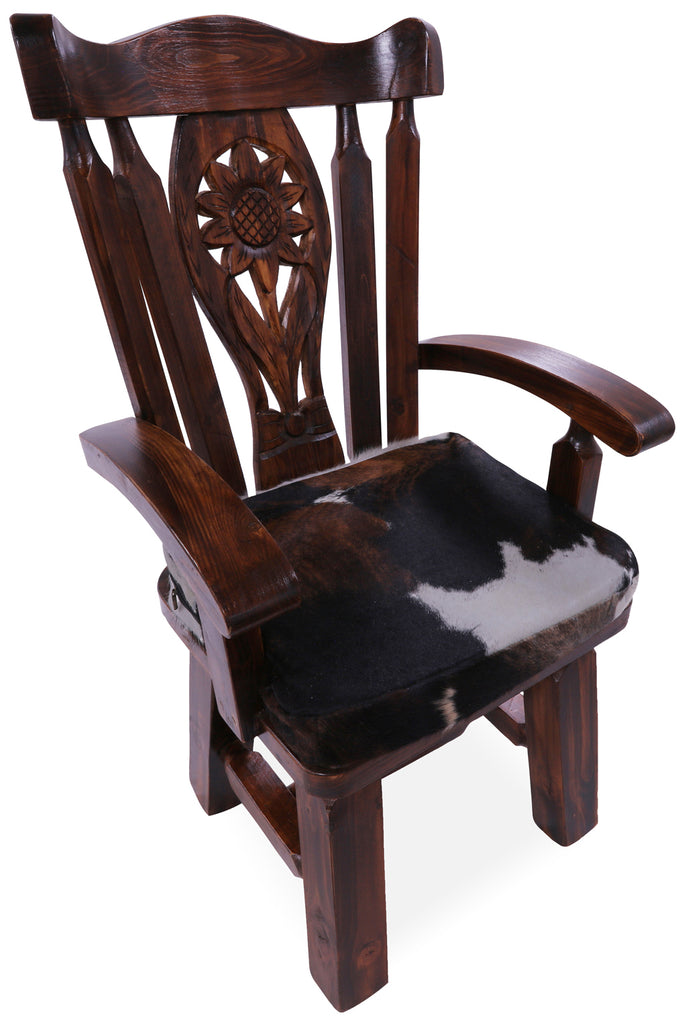 Reclaimed Wood Chair Handcarved Back Sunflower Removable Hair-On Cowhide Pillow - C181-CP