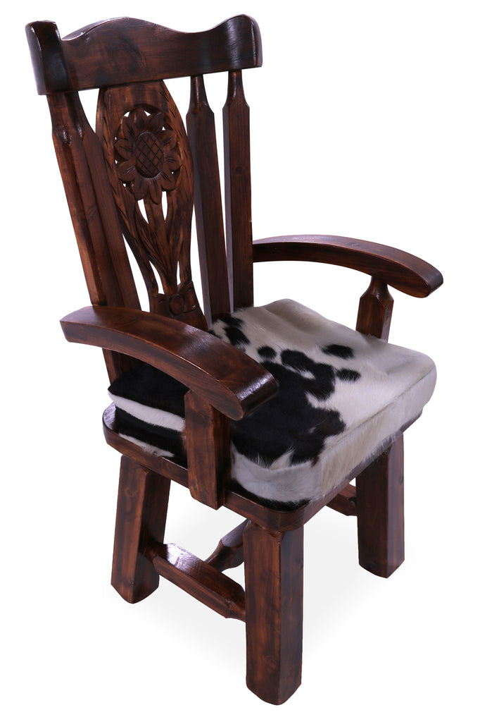 Reclaimed Wood Chair Handcarved Back Sunflower Removable Hair-On Cowhide Pillow - C183-CP