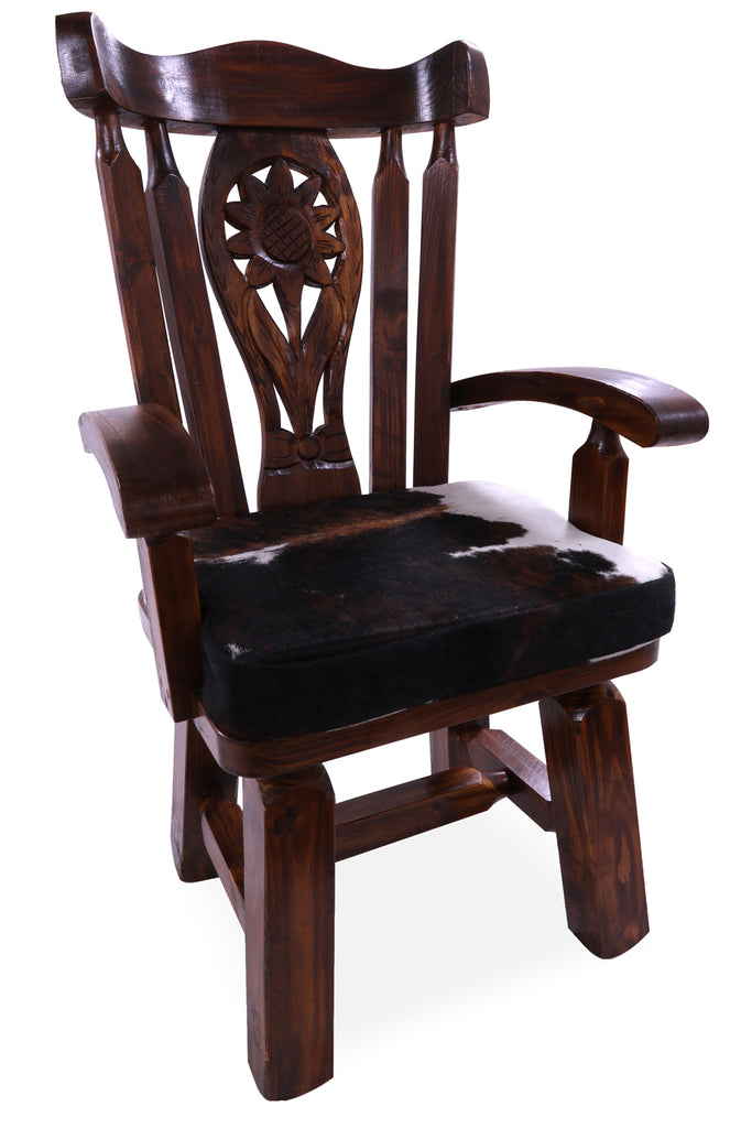 Reclaimed Wood Chair Handcarved Back Sunflower Removable Hair-On Cowhide Pillow - C184-CP