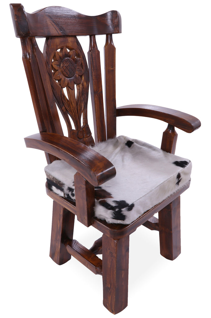 Reclaimed Wood Chair Handcarved Back Sunflower Removable Hair-On Cowhide Pillow - C185-CP