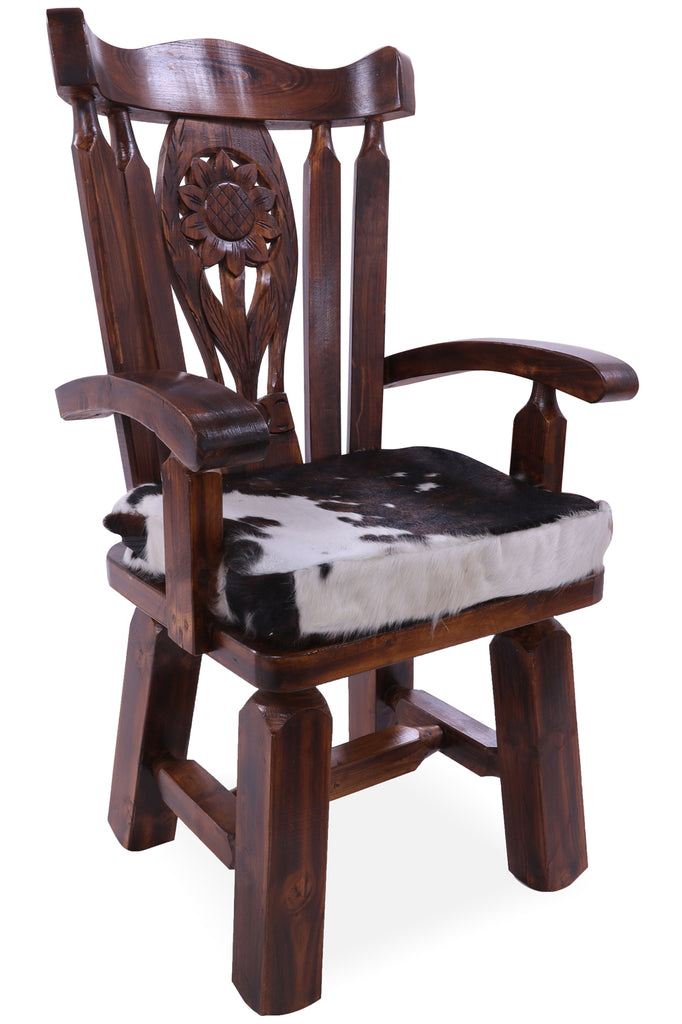 Reclaimed Wood Chair Handcarved Back Sunflower Removable Hair-On Cowhide Pillow - C186-CP