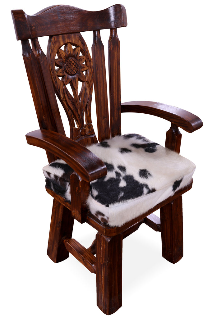 Reclaimed Wood Chair Handcarved Back Sunflower Removable Hair-On Cowhide Pillow - C187-CP