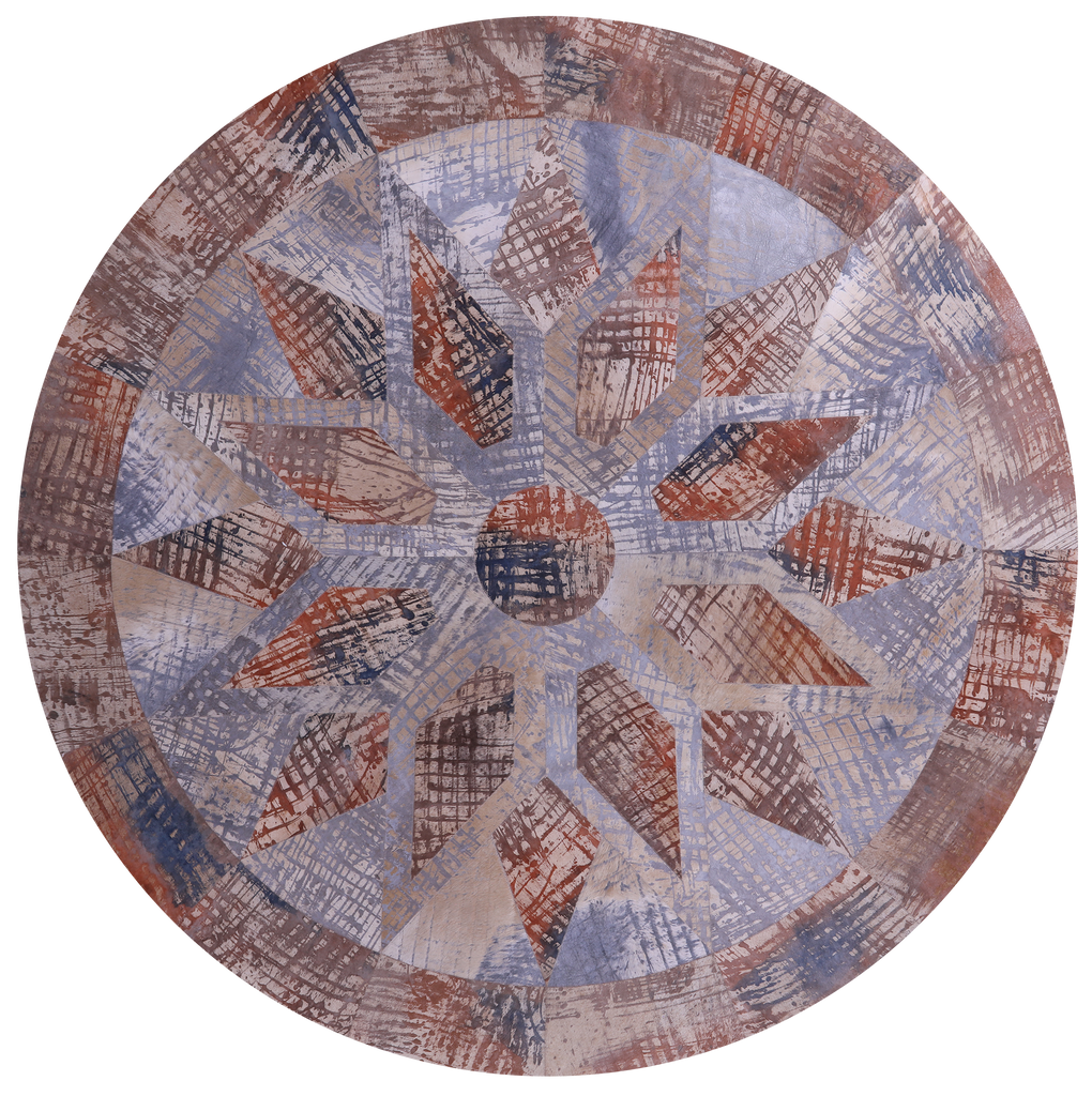 Abstract Round Printed Natural Cowhide Hand Stitched Rug - Manhattan Rugs