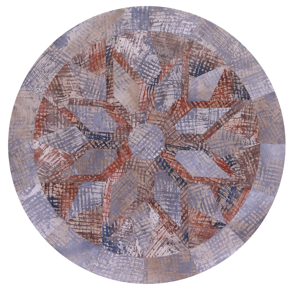 Abstract Round Printed Natural Cowhide Hand Stitched Rug - Manhattan Rugs