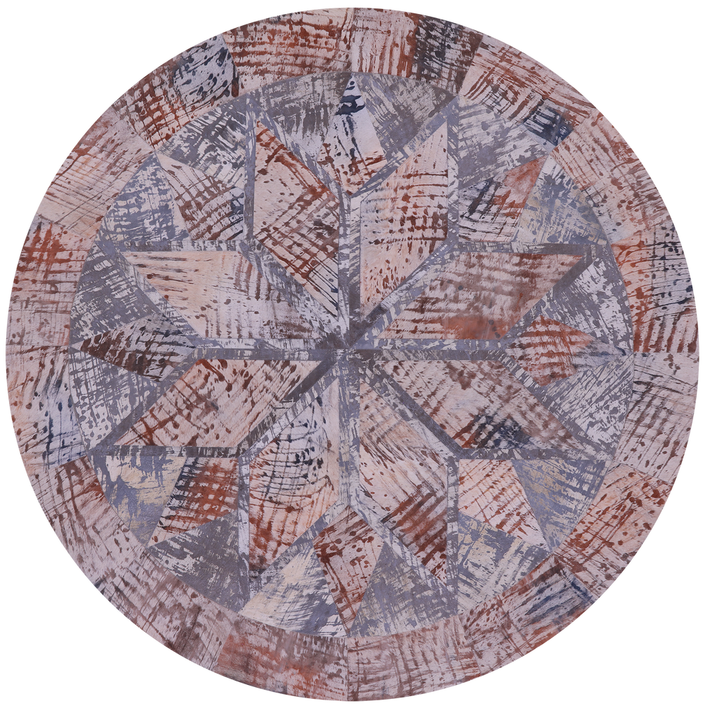 Abstract Round Printed Natural Cowhide Hand Stitched Rug - Manhattan Rugs