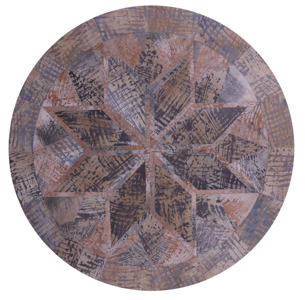 Abstract Round Printed Natural Cowhide Hand Stitched Rug - Manhattan Rugs