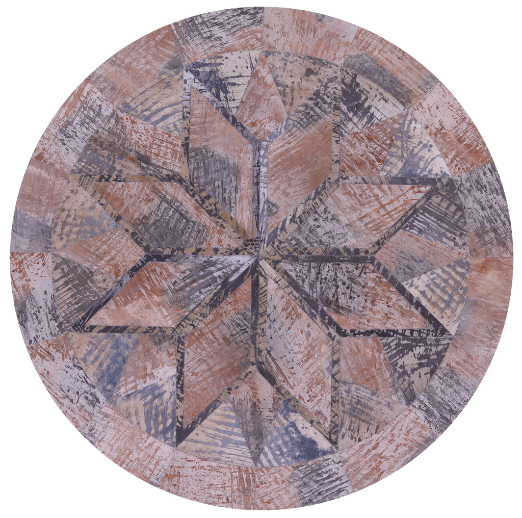 Abstract Round Printed Natural Cowhide Hand Stitched Rug - Manhattan Rugs