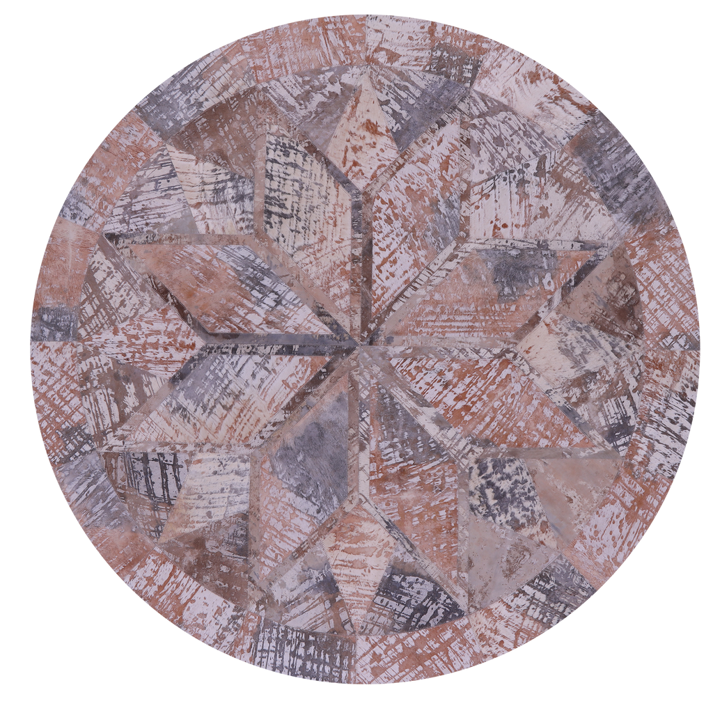 Abstract Round Printed Natural Cowhide Hand Stitched Rug - Manhattan Rugs