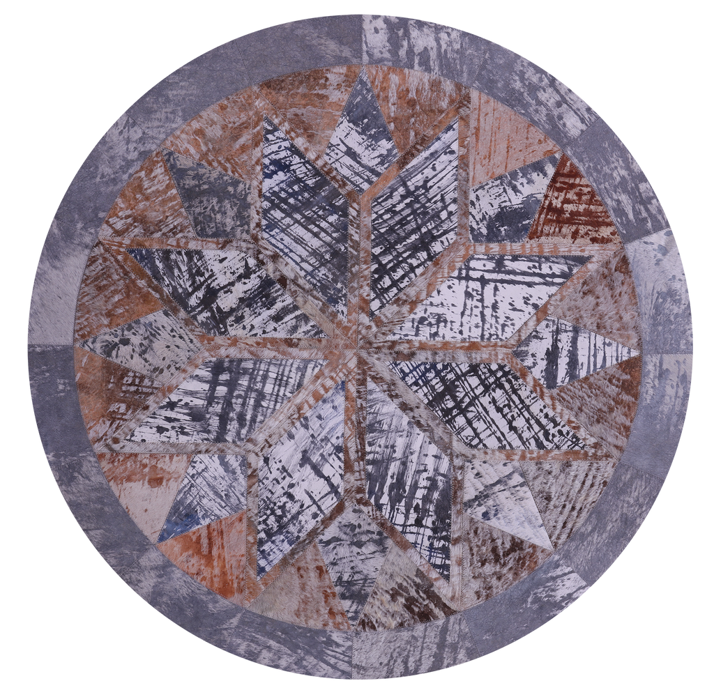 Abstract Round Printed Natural Cowhide Hand Stitched Rug - Manhattan Rugs