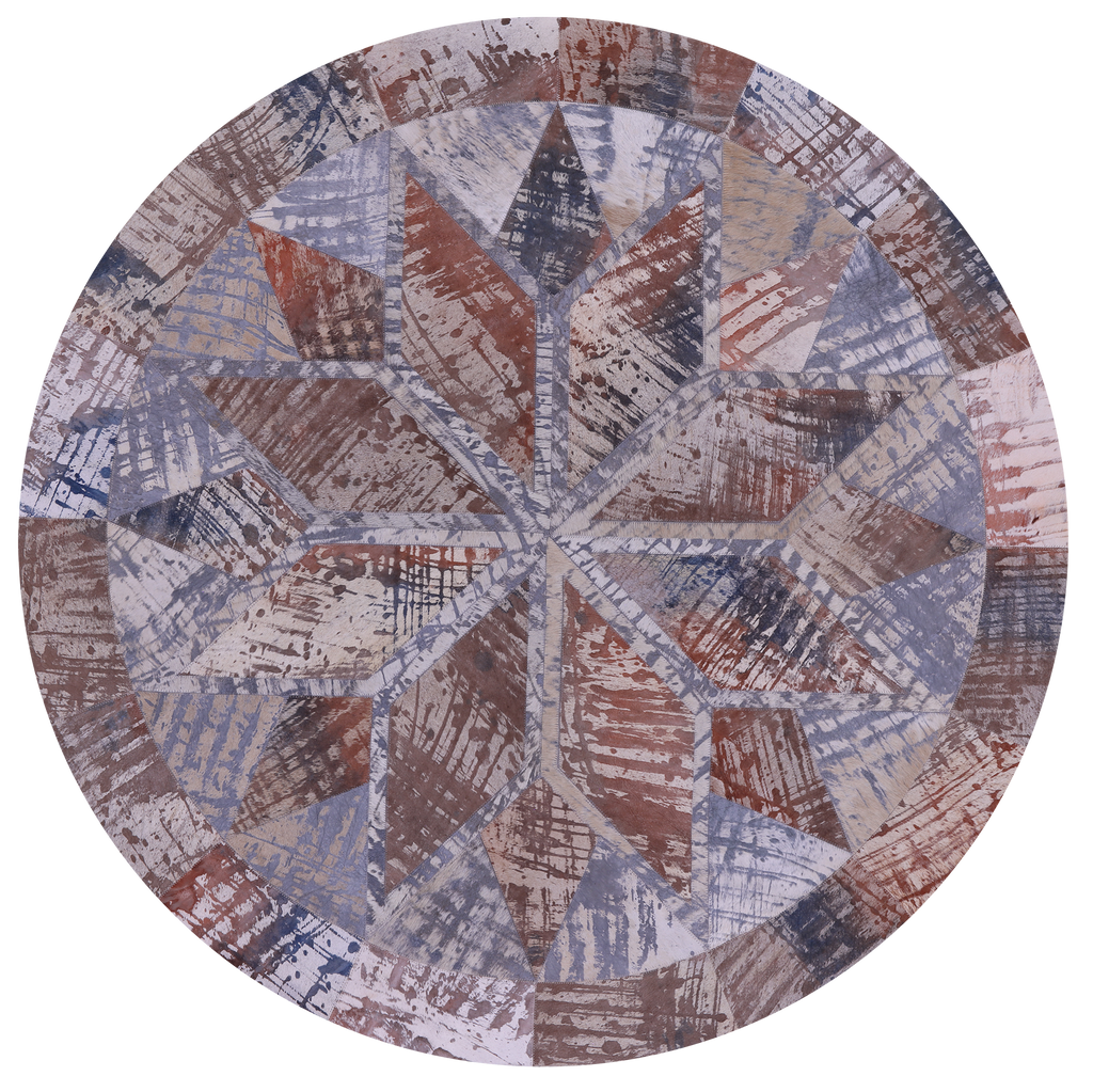 Abstract Round Printed Natural Cowhide Hand Stitched Rug - Manhattan Rugs