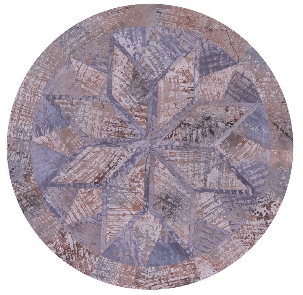 Abstract Round Printed Natural Cowhide Hand Stitched Rug - Manhattan Rugs