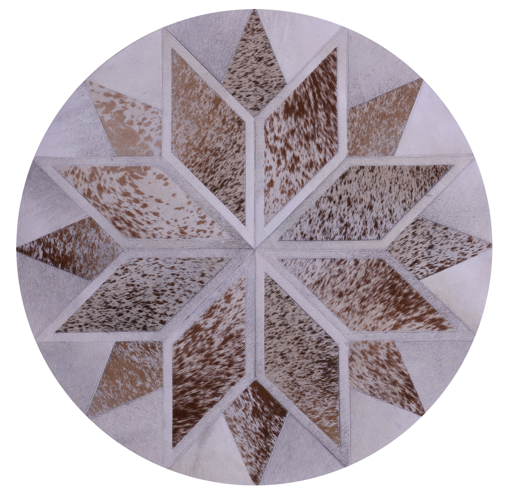 Brown & White Round Star Salt & Pepper Natural Cowhide Hand Stitched Rug - Manhattan Rugs