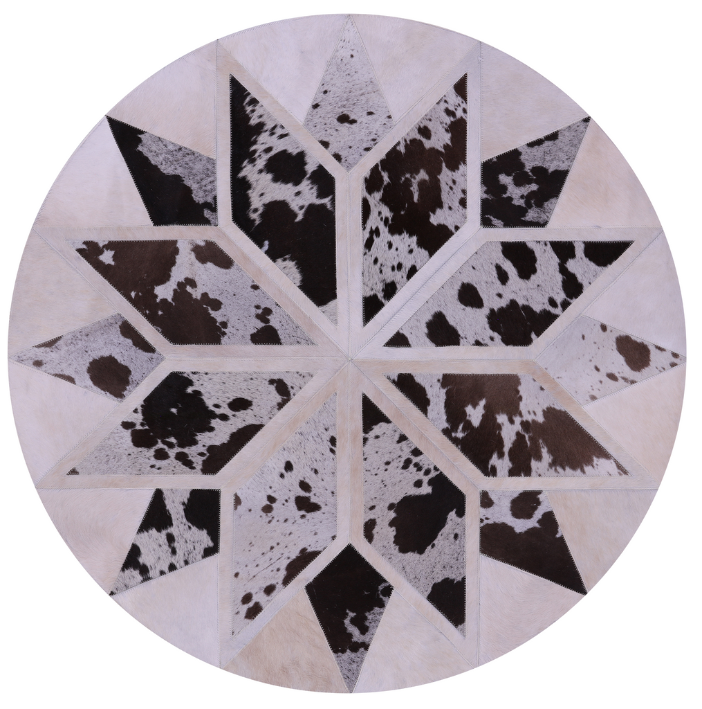 Brown & White Round Star Natural Cowhide Hand Stitched Rug - Manhattan Rugs