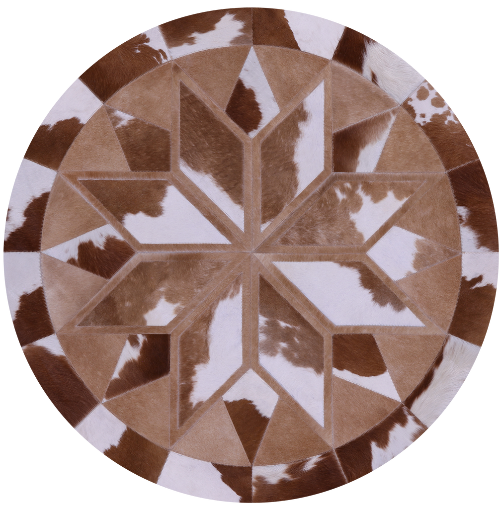 Brown & White Round Star Natural Cowhide Hand Stitched Rug - Manhattan Rugs
