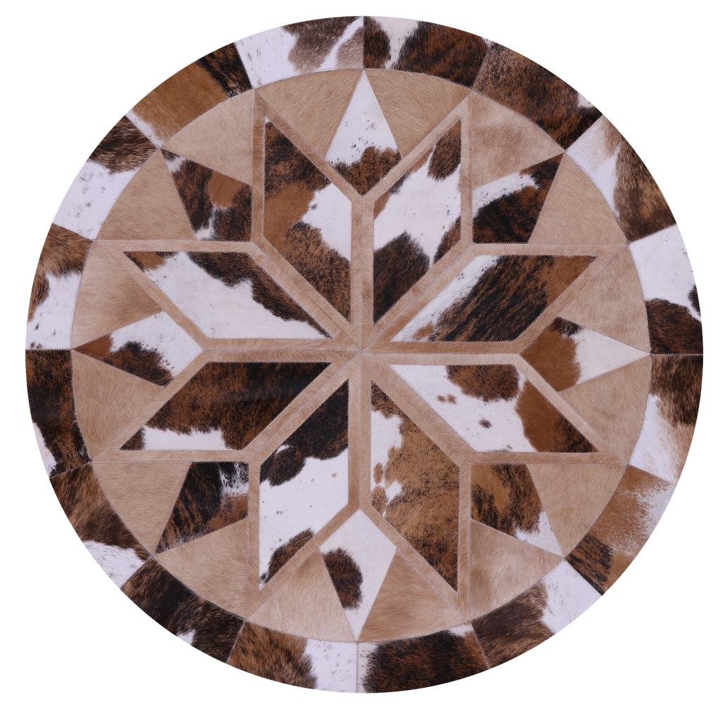 Brown & White Round Natural Cowhide Hand Stitched Rug - Manhattan Rugs