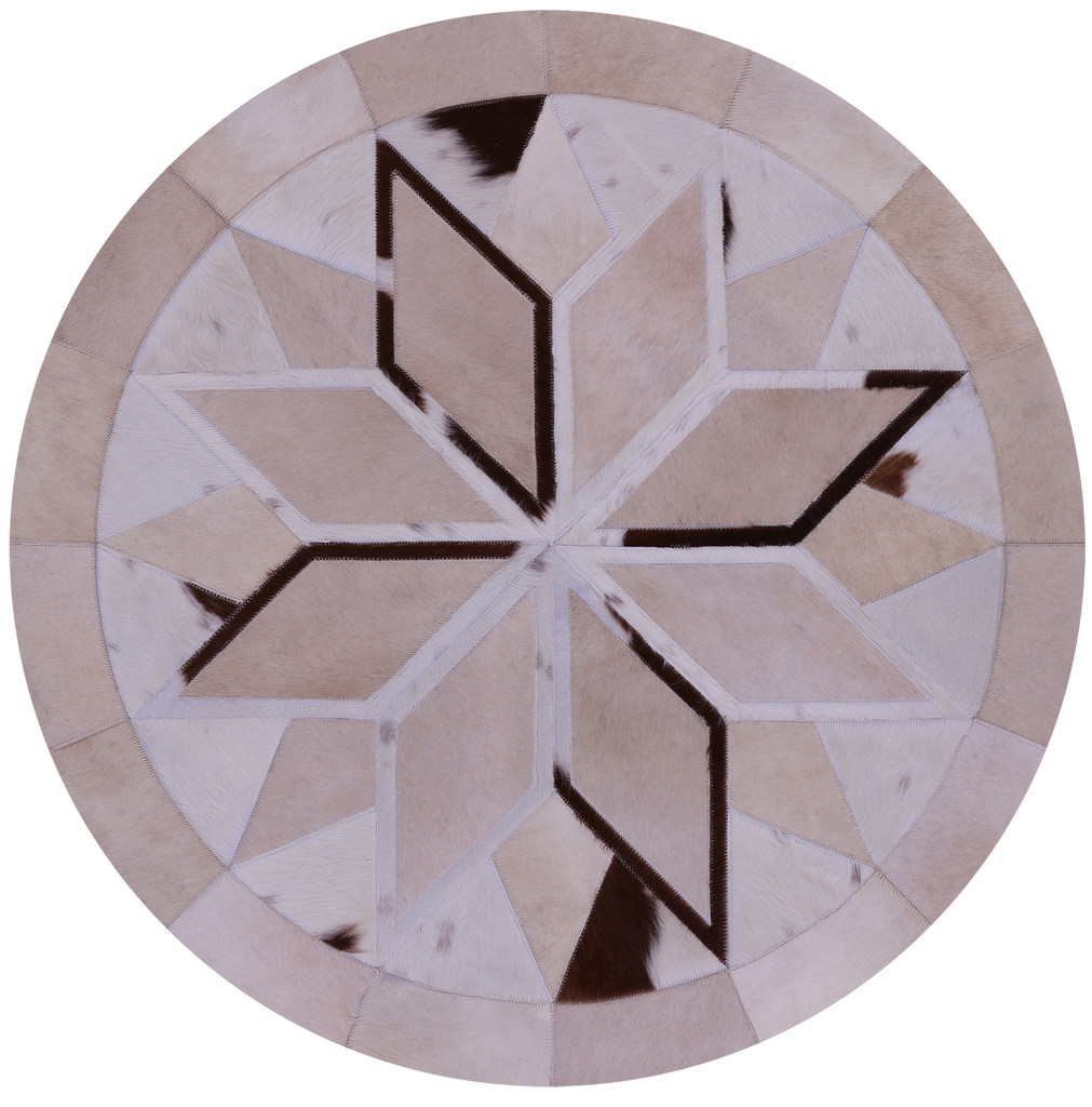 Brown & White Round Natural Cowhide Hand Stitched Rug - Manhattan Rugs