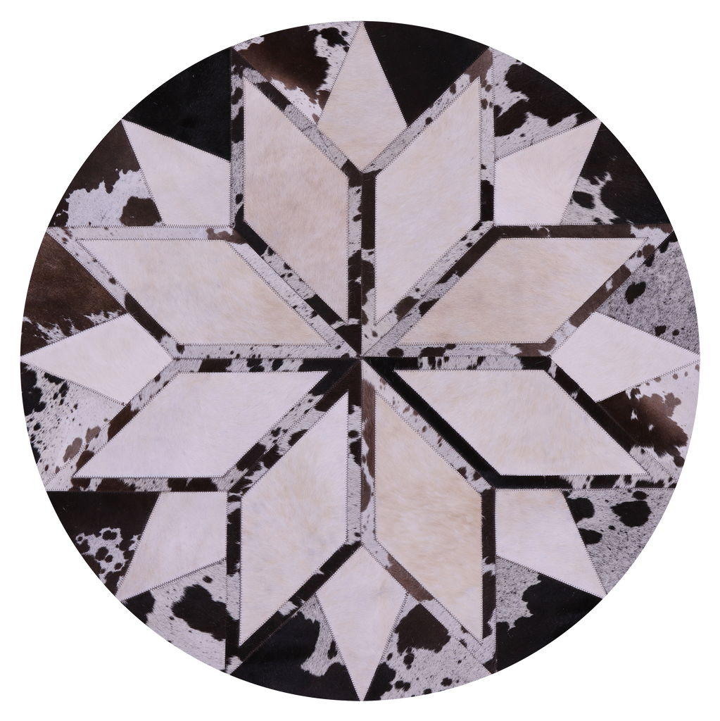 Brown & White Round Star Natural Cowhide Hand Stitched Rug - Manhattan Rugs