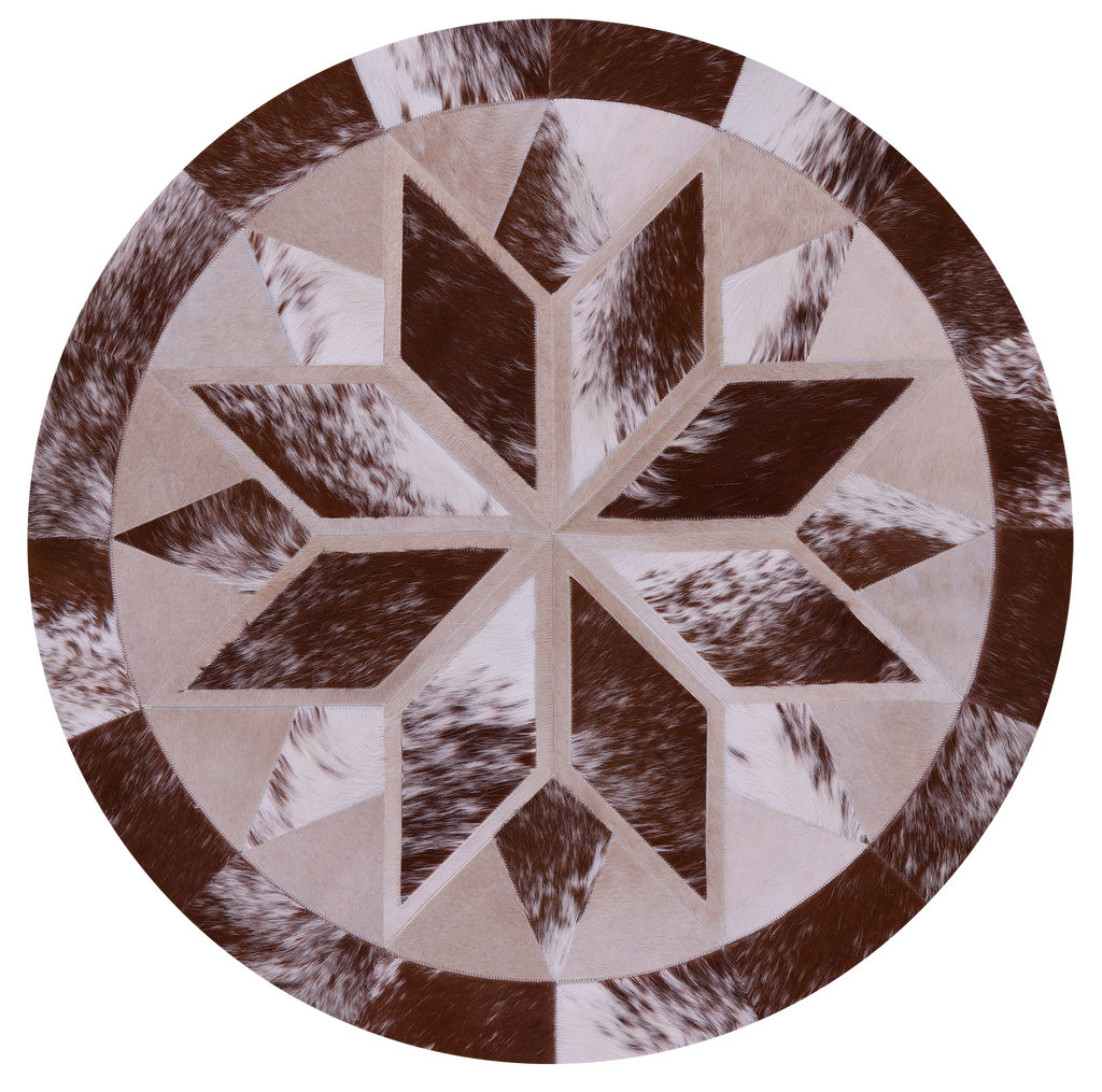 Brown & White Round Natural Cowhide Hand Stitched Rug - Manhattan Rugs