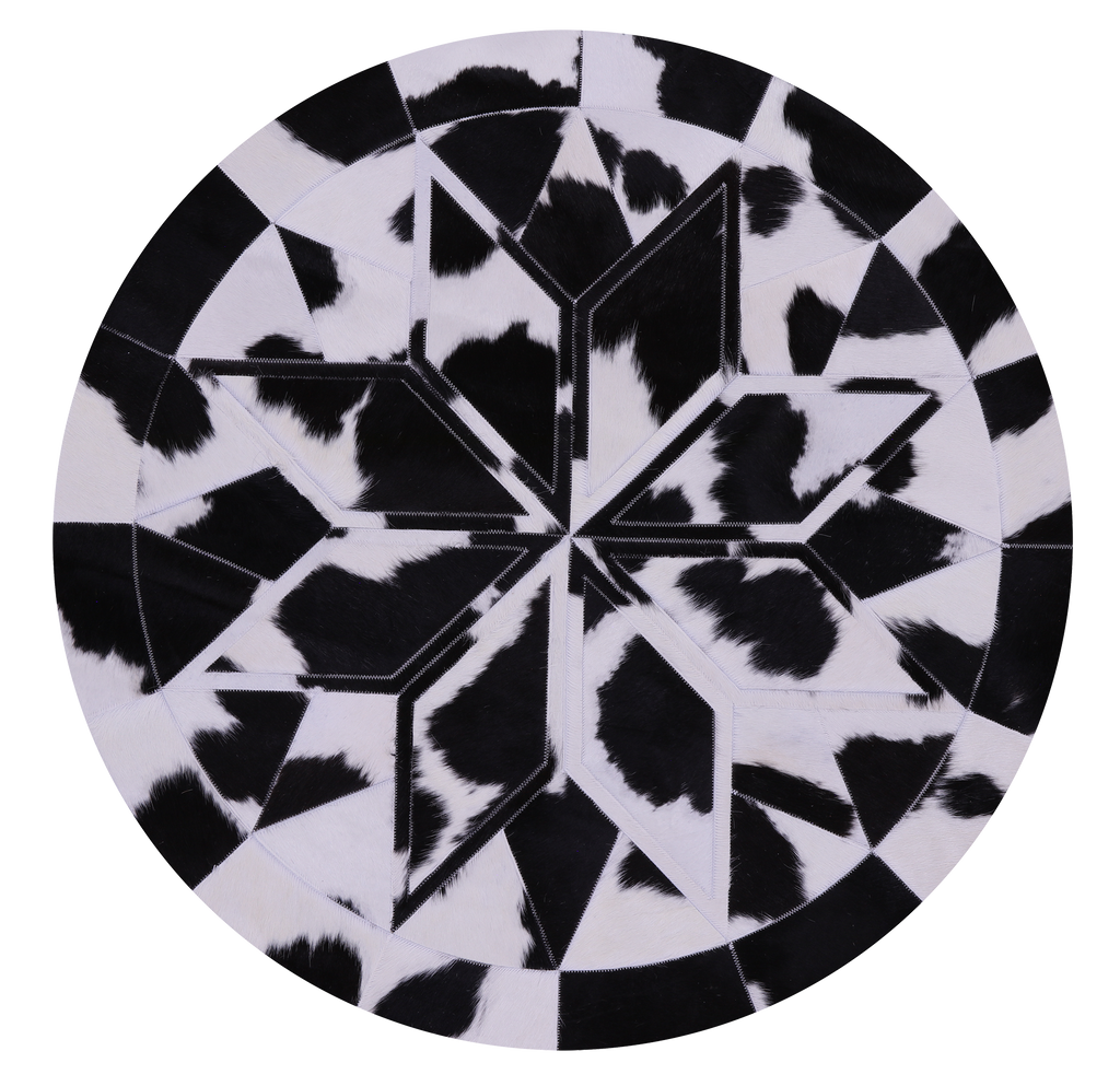 Black & White Round Star Natural Cowhide Hand Stitched Rug - Manhattan Rugs