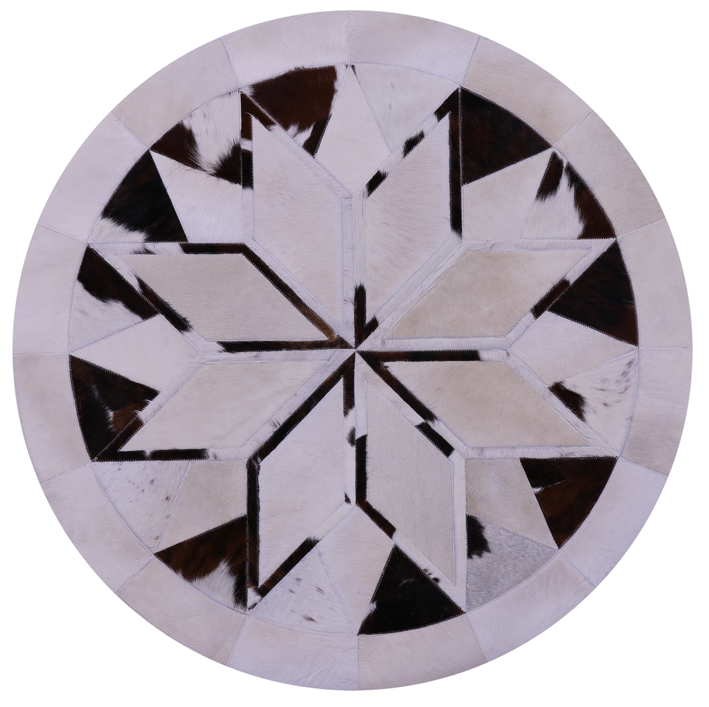 Brown & White Round Natural Cowhide Hand Stitched Rug - Manhattan Rugs