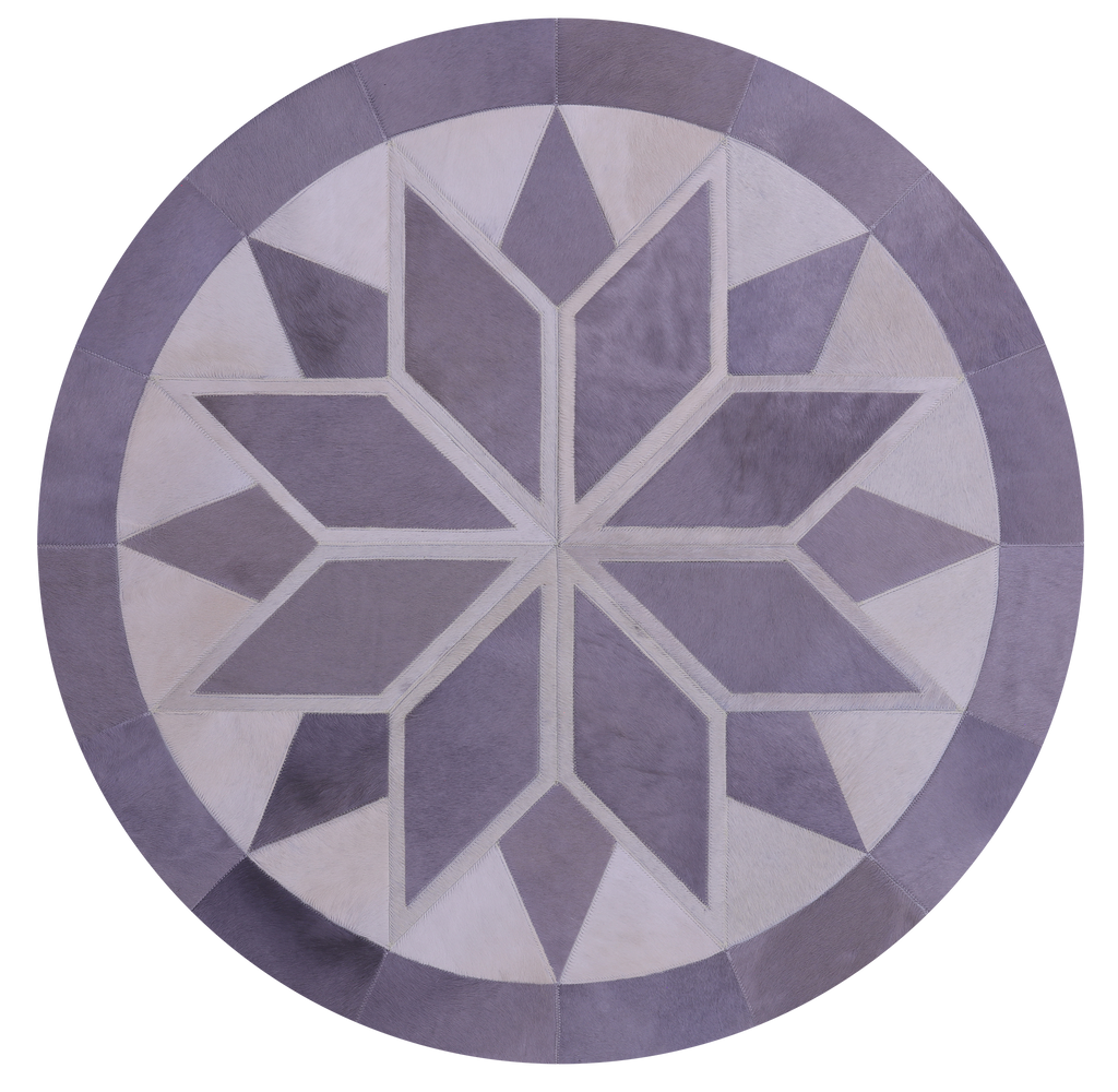 Grey & White Round Natural Cowhide Hand Stitched Rug - Manhattan Rugs