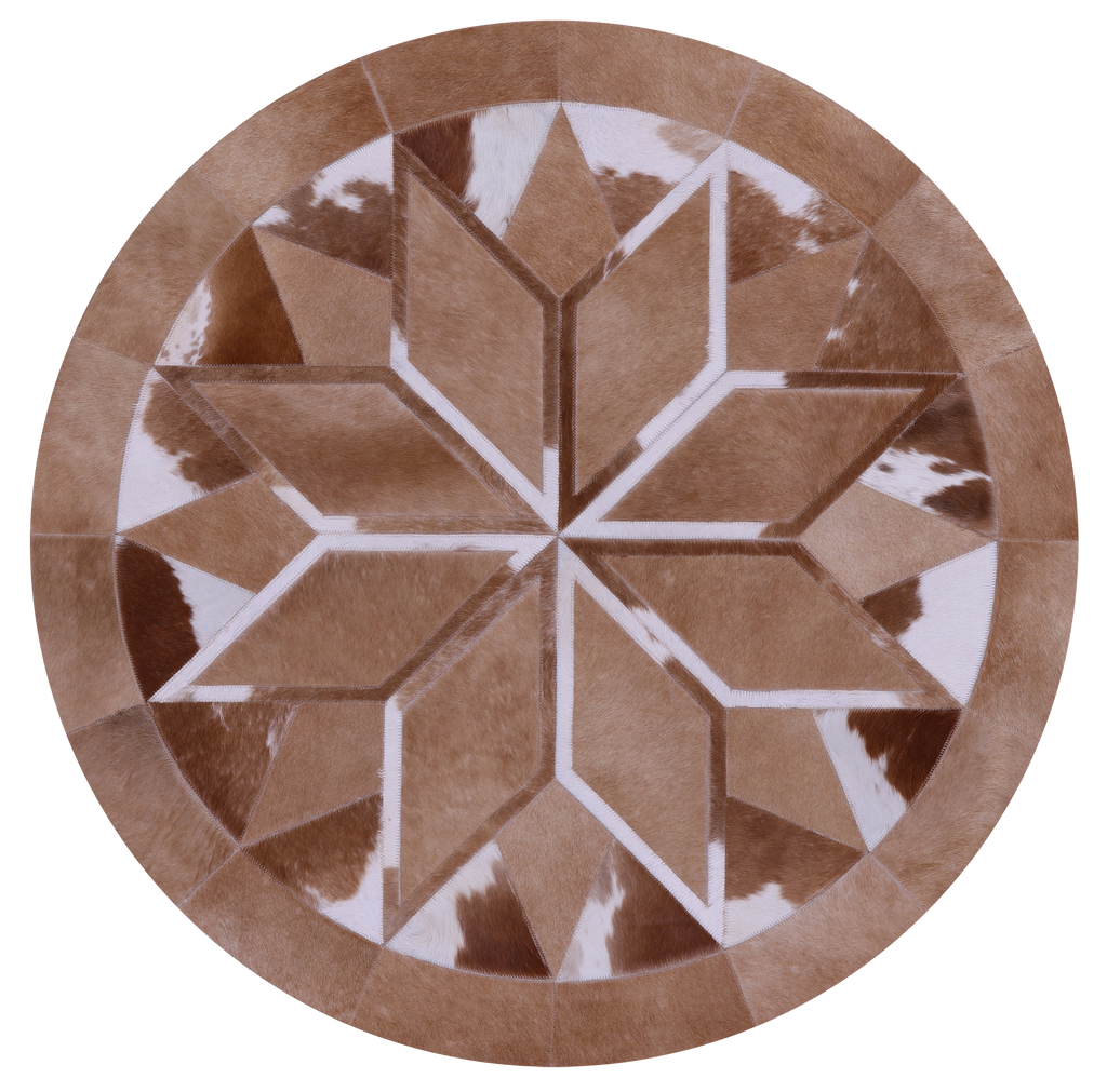 Brown & White Round Natural Cowhide Hand Stitched Rug - Manhattan Rugs