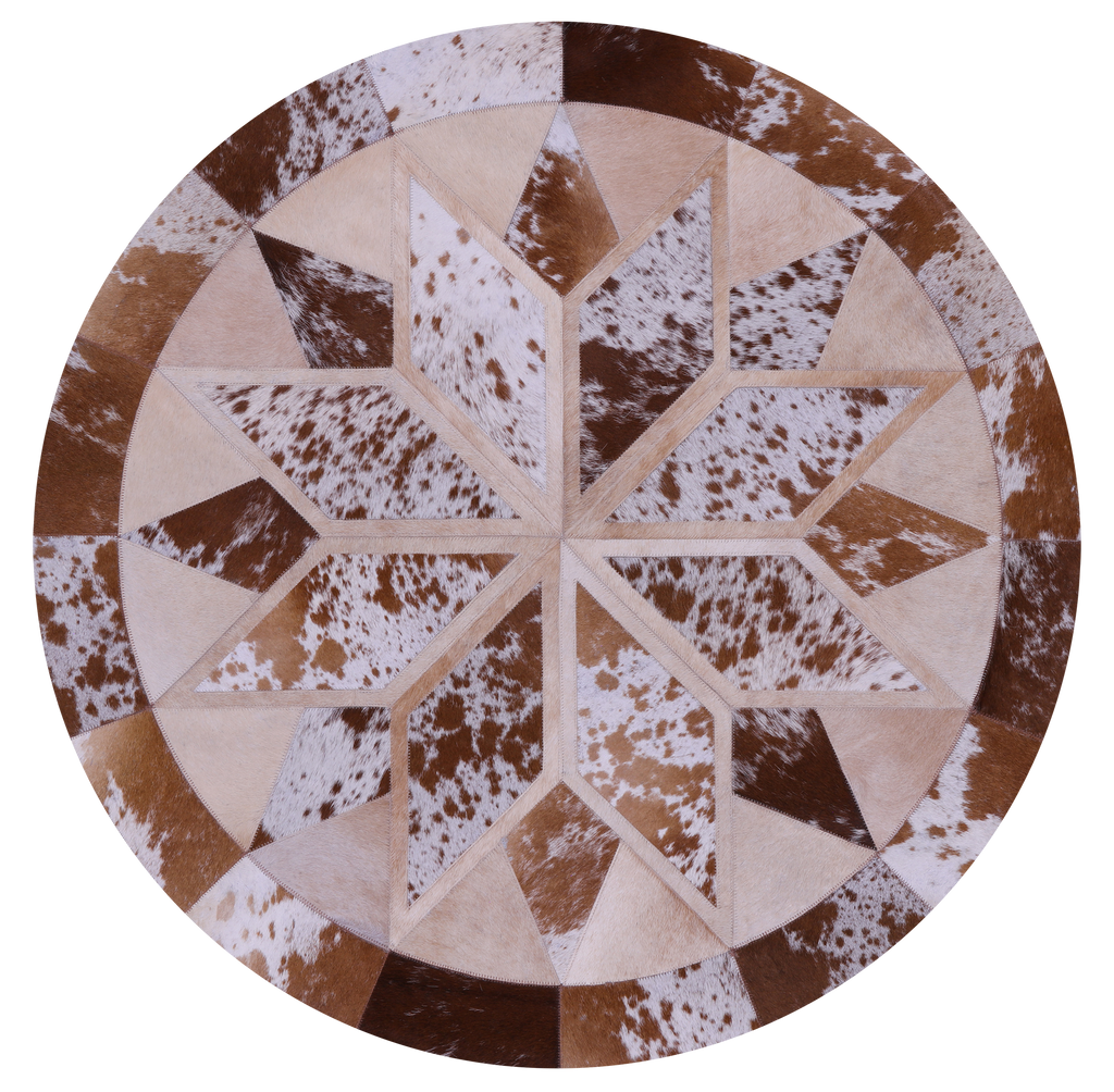 Brown & White Round Natural Cowhide Hand Stitched Rug - Manhattan Rugs