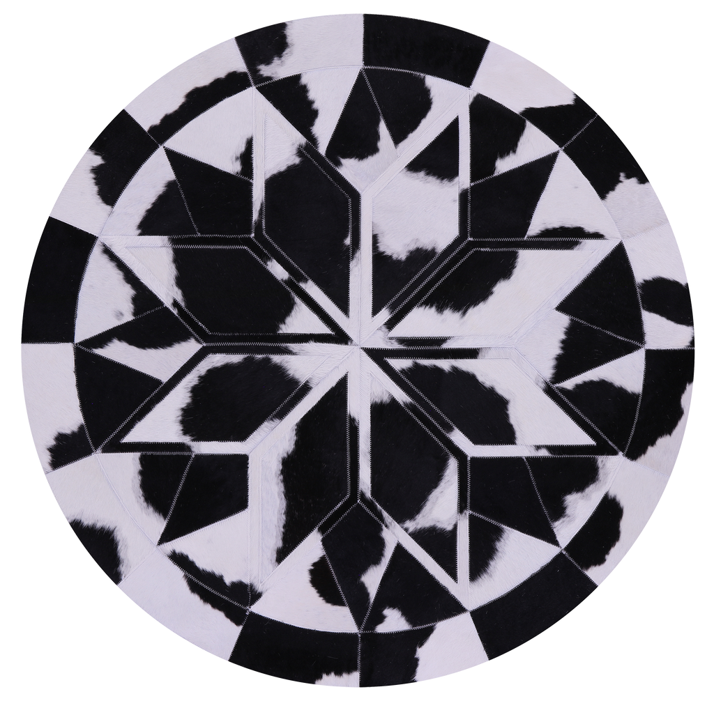 Black & White Round Natural Cowhide Hand Stitched Rug - Manhattan Rugs