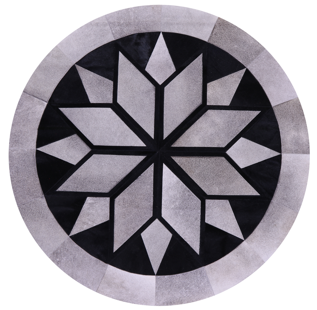 Grey & Black Round Natural Cowhide Hand Stitched Rug - Manhattan Rugs