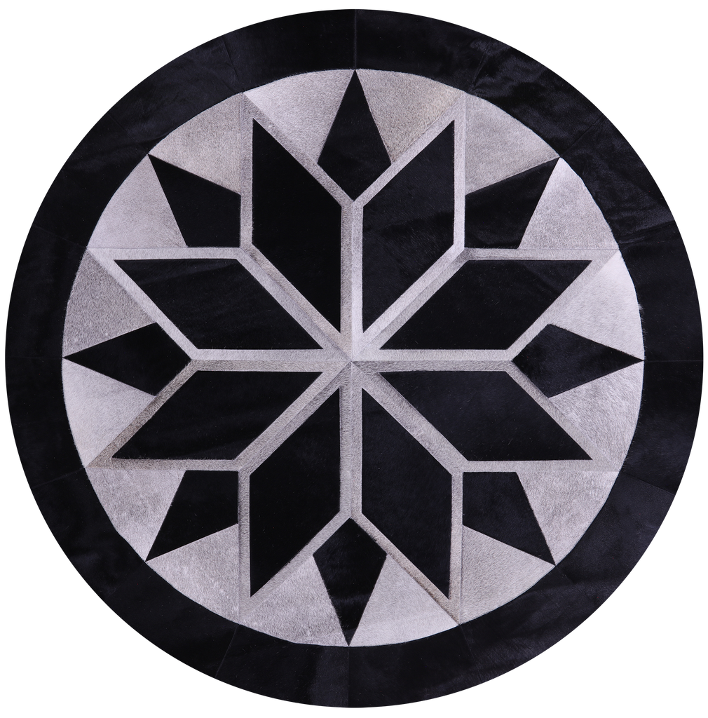 Black & Grey Round Natural Cowhide Hand Stitched Rug - Manhattan Rugs