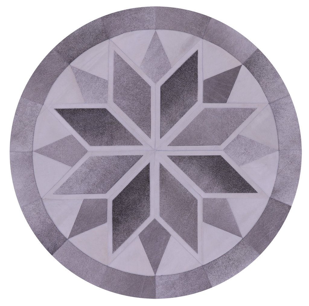 Grey & White Round Natural Cowhide Hand Stitched Rug - Manhattan Rugs