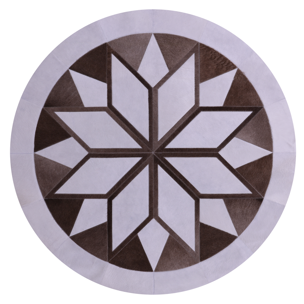 Brown & White Round Natural Cowhide Hand Stitched Rug - Manhattan Rugs